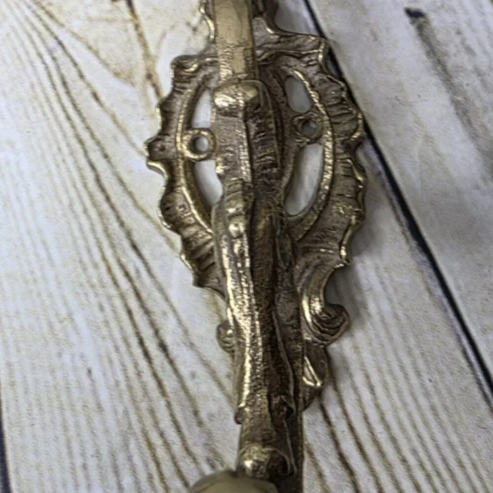 Large Vintage Fancy Cast Iron Brass Gold Paint Coat Hook, 5 1/2” x 4 1/2 Inches